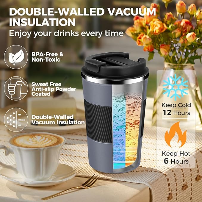 Volhoply 13 oz Stainless Steel Insulated Travel Coffee Mug with Fip Lid Bulk 8 Pack,Reusable Double Wall Vacuum Metal Coffee Cup,Portable Leak Proof Thermal Tumbler for Hot & Cold Drinks(Gray,8)