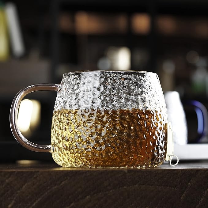 LUXU Hammered Tea Cups,Glass Coffee Mugs,Set of 6 Coffee Cups with Different Color Handles-15 oz,Prefect for Cappuccino,Latte,Water,Mocha,Milk,Widely Used for Cafes,Home and Office