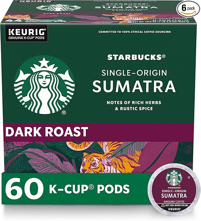 Starbucks K-Cup Coffee Pods, Dark Roast Coffee, Sumatra for Keurig Brewers, 100% Arabica, 6 boxes (60 pods total)