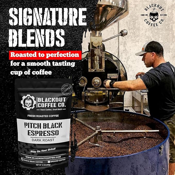 Blackout Coffee Pitch Black Espresso Whole Bean Coffee – Extra Dark Roast, European-Style, Powerfully Bold – Freshly Roasted 12oz Bag, American Made