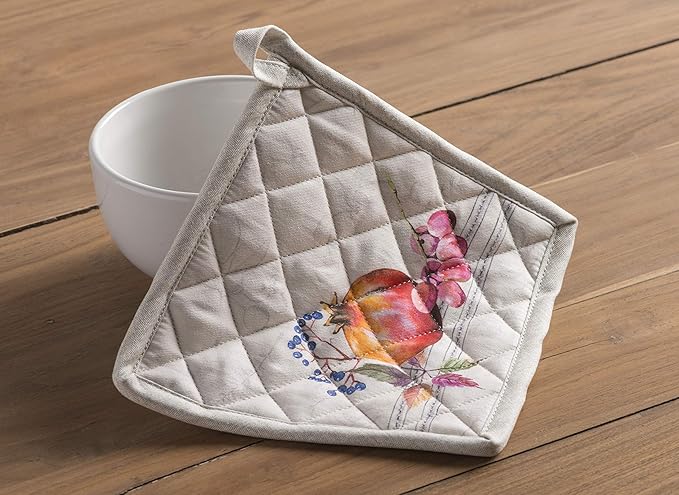 Maison d' Hermine 100% Cotton Oven Mitt & Pot Holder Set (7.5"x13" & 8"x8") Heat Resistant BBQ Cooking Gloves with Loop, Baking, Grilling, Kitchen, Handling Hot Pans (Fruit D'Hiver)