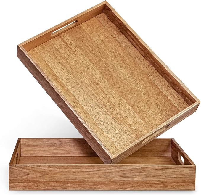 Acacia Wood Serving Tray with Handles Set of 2 – Decorative Serving Trays Platter for Breakfast in Bed, Lunch, Dinner, Patio, Ottoman, Coffee Table, BBQ, Party –Great for Lap &Couch