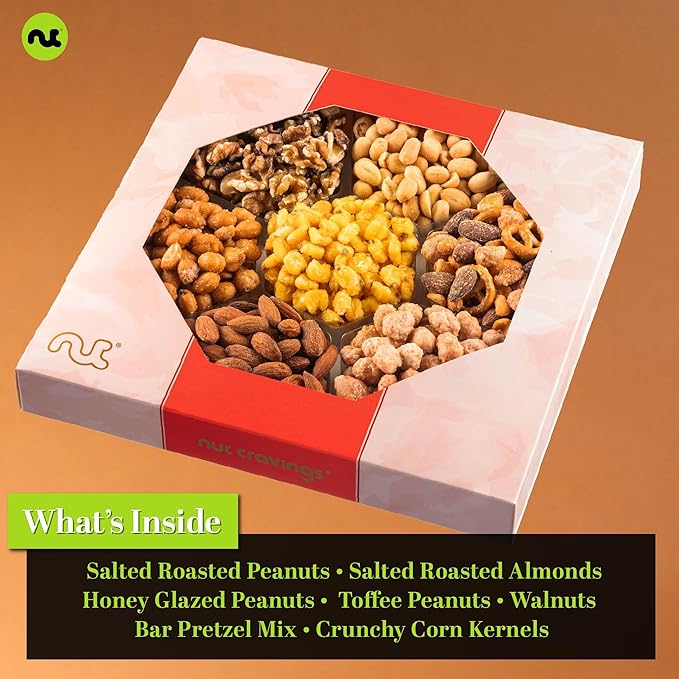 NUT CRAVINGS - Thanksgiving Mixed Nuts Gift Basket in Red Gold Classic Box (7 Assortments, 1 LB) Holiday Xmas Christmas Food Arrangement, Healthy Snack Care Package, Food Assortments