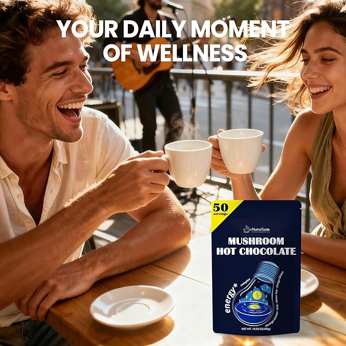 Mushroom Hot Chocolate, 50 Servings Cocoa Powder | 10 Mushrooms Supplements with Moringa Extract, DHA, Green Tea & Ginkgo Biloba | Support Focus & Gut Health | Vegan & Keto, Gluten-Free