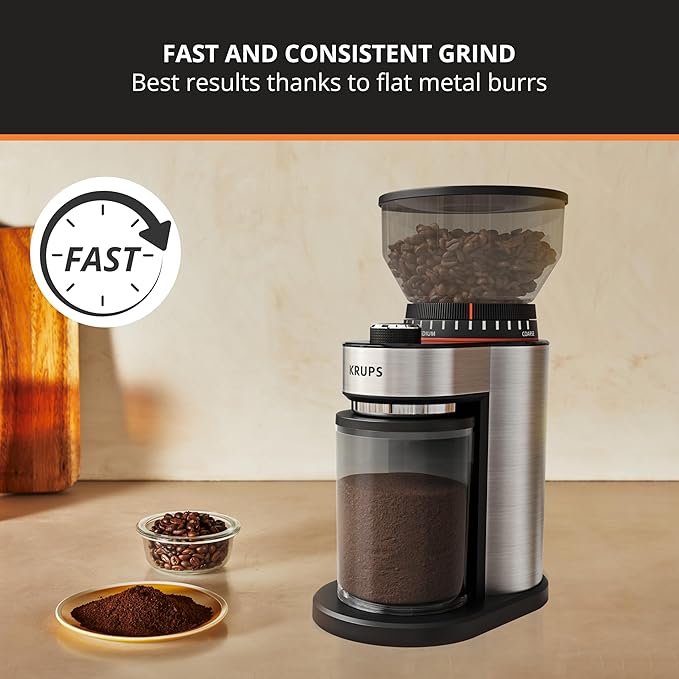 KRUPS Burr Coffee Grinder, 18 Adjustable Grind Settings, 2-20 Cups per Grind, Sinlge Touch, Spice and Coffee Bean Grinder, Stainless Steel, Black