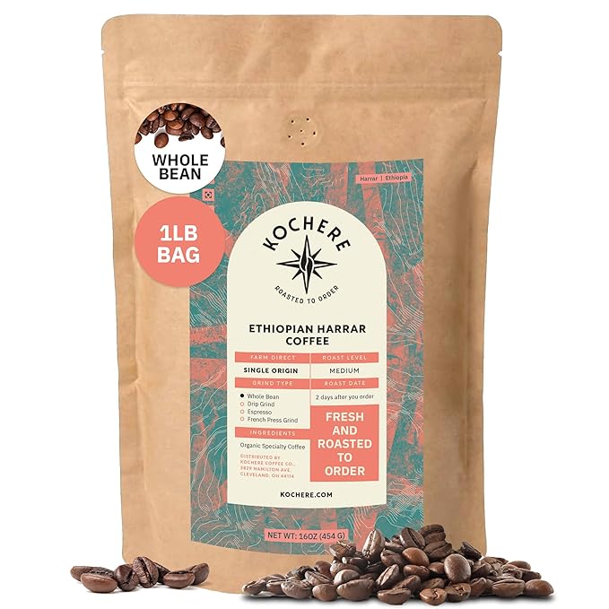 Kochere Ethiopian Harrar Whole Bean Coffee – 1LB Medium Roast – Fresh Roasted to Order – Single Origin, Farm Direct, Rich Flavored Coffee Beans – Chocolate & Fruity Notes