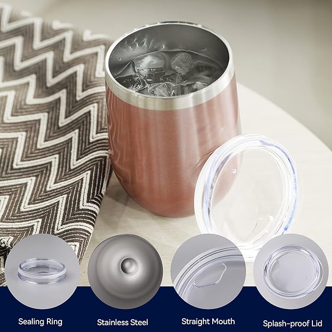 DOMICARE Stainless Steel Wine Tumbler Bulk with Lid, Personalized Rose Gold Insulated Tumblers Set, 12oz Travel Coffee Cups Pack of 16