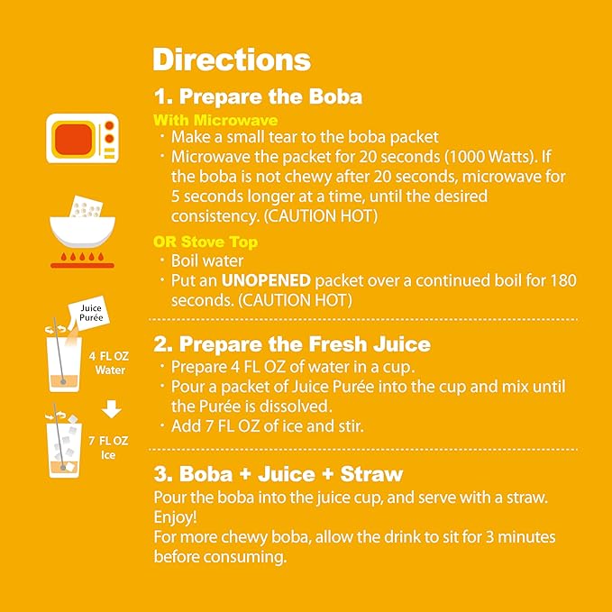 J WAY Instant Boba Bubble Pearl Mango Juice Drinks Kit with Authentic Crystal Tapioca Boba, Ready in Under One Minute, Paper Straws Included, 3 Servings