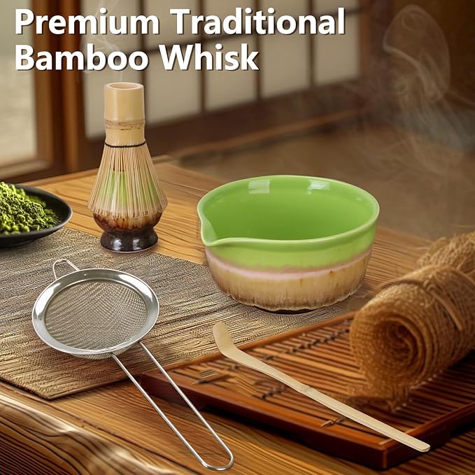 Matcha Whisk Set,Bamboo Chasen Whisk,Green Matcha Bowl with Spout, Chashaku Scoop, Sifter,Matcha Whisk and Holder – 5 PCS Matcha Kit for Matcha Lovers Making Latte Drinks,Gift for Starters Lovers