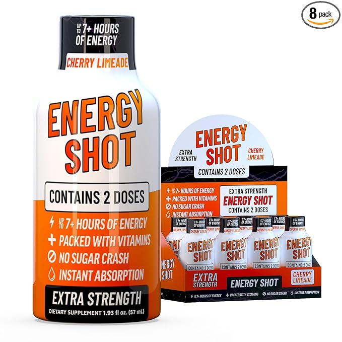 Cherry Limeade Extra Strength Energy Shot 8 pk – 260mg Natural Caffeine B12 B6 – Energy & Focus Support – 2 Servings Sugar Free Zero Calorie Green Tea B-Vitamins Electrolytes Vegan – 1.93 fl oz