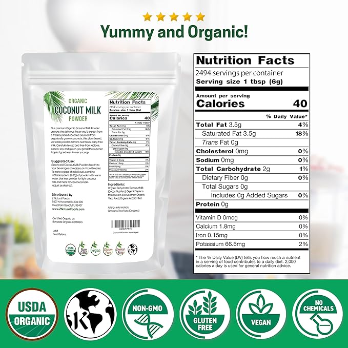 Z Natural Foods Organic Coconut Milk Powder - All-Natural Vegan Dairy-Free Alternative with MCTs - Unsweetened Coconut Creamer for Coffee & Smoothies - Gluten-Free, Non-GMO, 33 lbs