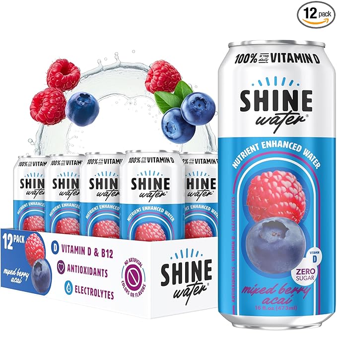 ShineWater Mixed Berry Acai Vitamin D Electrolyte Drink | Zero Sugar Hydration Beverage with Magnesium, Zinc & Antioxidants | Low Calorie Plant-Based Vitamin Water | 12 Pack