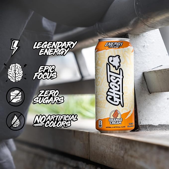 GHOST Energy Drink - 12-Pack, Orange Cream, 16oz Cans - Energy & Focus & No Artificial Colors - 200mg of Natural Caffeine, L-Carnitine & Taurine - Gluten-Free & Vegan