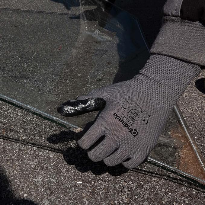ANDANDA Smart Touch Work Gloves - 12 Pairs, 3D Comfort Stretch Fit, Nitrile Coated with Grip, Seamless Knit Nylon, Suitable for Warehousing, Logistics, Handling, Black (XL)