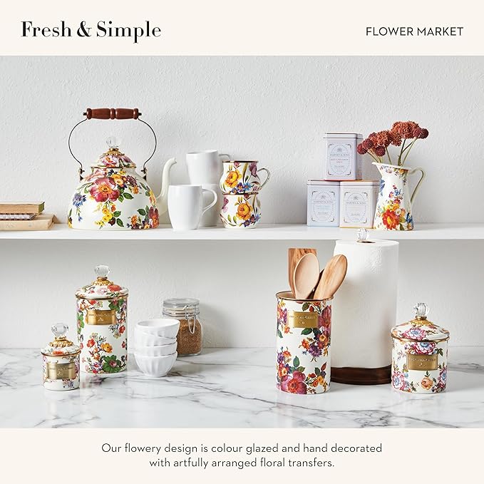 MACKENZIE-CHILDS Small Enamel Canister, Kitchen Storage Container for Flour and Sugar, 1.13 Liters, White Flower Market