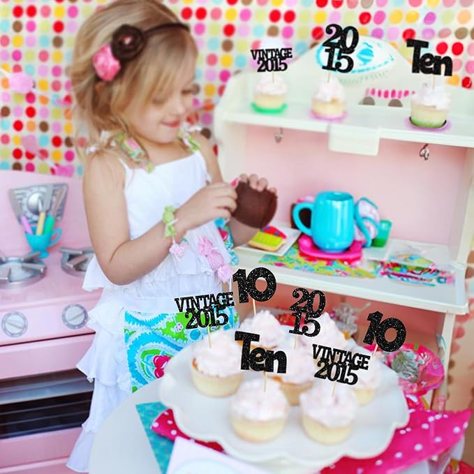 Gyufise 24Pcs 10th Birthday Cupcake Toppers Glitter Ten Vintage 2015 Double Digits 10 Cupcake Picks Hello 10 Years Birthday Cake Decorations for Happy 10th Anniversary Party Supplies Black