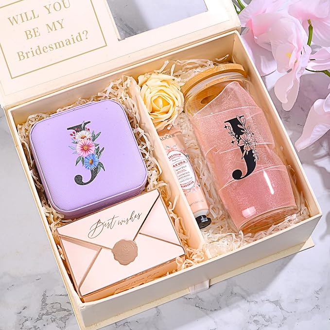 AYGXU Bridesmaid proposal gifts,Travel Initial Jewelry Box for Girls,Travel Jewelry Case,Initial Glass Cup,Cute Tumbler Cup,Small Jewelry Organizer for Teen Girls Gifts,Initial F purple