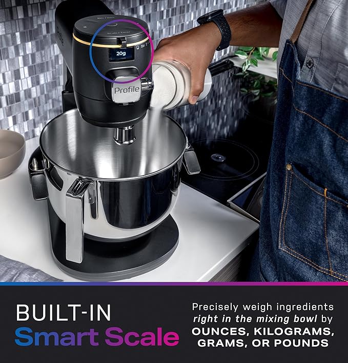 GE Profile Smart Stand Mixer w/Built-In Smart Scale & Auto Sense Technology, 7qt Stainless Steel Bowl, 11 Speed l Dough Hook, Beater, 11-wire whip l works w/Amazon Alexa & Google Home l Stone White