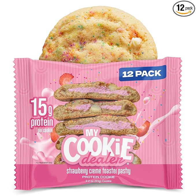 My Cookie Dealer Protein Cookies, Strawberry Creme (2.2oz, Pack of 12) - 15g Protein per Cookie - Individually Wrapped Workout Snacks for On-The-Go Travel
