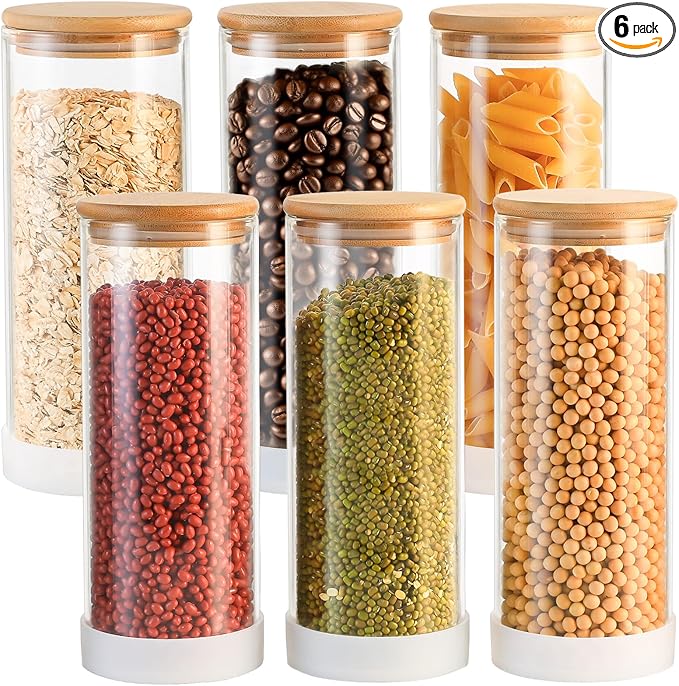 34oz Round Glass Storage Containers with Bamboo Lids – 6 Pack Clear Food Airtight Glass Jars for Pantry Organizers and Storage, Kitchen Dry Food, Flour, Cereal, Coffee Beans & Staples