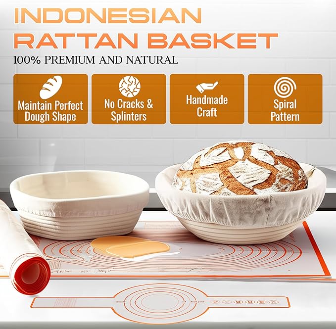 Banneton Bread Proofing Basket Set, 9" Round & 10" Oval Bread Baskets with Liners, Sourdough Starter Kit, Bread Making Tools, Natural Rattan Proofing Bowls for Home Bakers