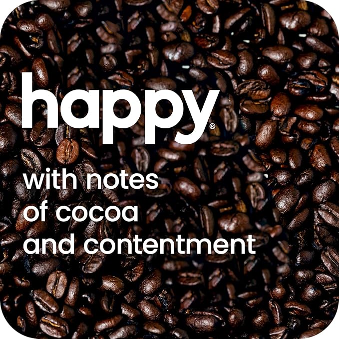 happy coffee dark roast coffee pods, 10 count, notes of cocoa & contentment, compatible with most K-cup brewers, rainforest alliance certified