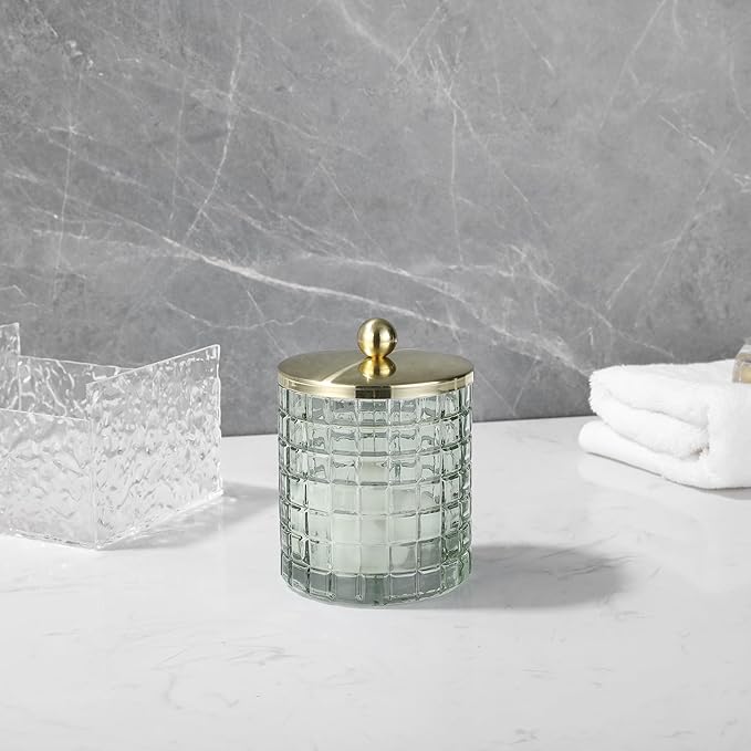 Glass Jar with Metal Lid for Bathroom Organization, Clear Apothecary Jar for Cotton Balls, Q Tips, and Small Accessories, Stylish Bathroom Storage Container Sage Green, Gold