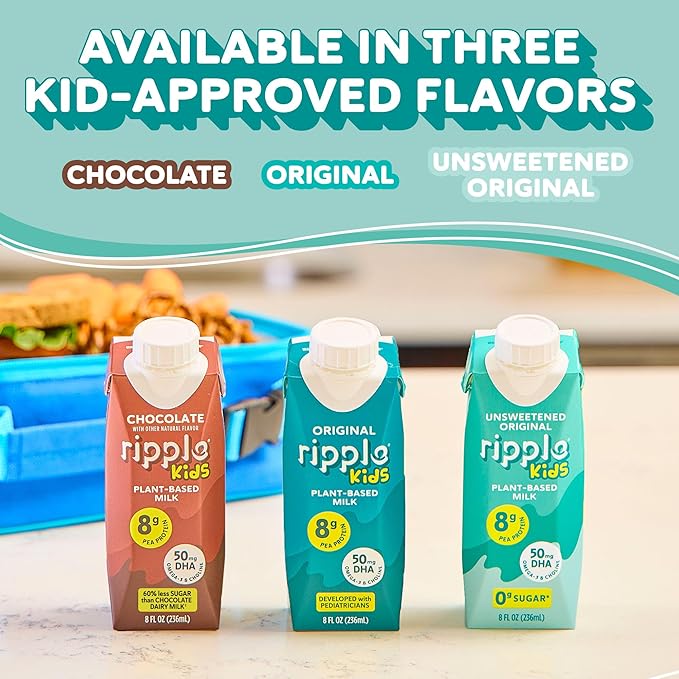 Ripple Kids Unsweetened Plant Based Milk | Pediatrician Recommended | 8g Pea Protein | Shelf Stable | Vegan & Non GMO Certififed | Dairy, Soy, Nut, Gluten, and Lactose Free | 8 Fl Oz (Pack of 12)