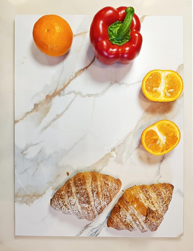 Multi-Purpose Pastry Marble Design Stone Tray Cutting Board Slab 16” x 12” With Non-Slip Feet,Stone Cheese Pastry Board,Marble Serving Tray, Heat Resistant, Easy To Clean(G12, 16 * 12)