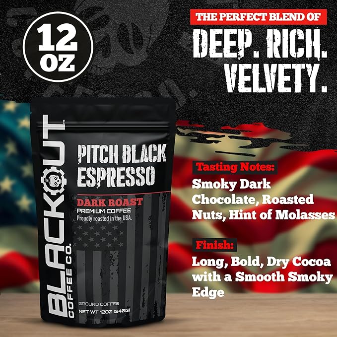 Blackout Coffee Pitch Black Espresso Ground Coffee – Extra Dark Roast, European-Style, Bold & Aromatic – Freshly Roasted 12oz Bag, American Made