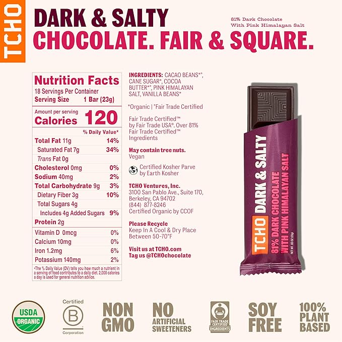 TCHO Singles Variety Pack - Plant Based, Organic Chocolate Singles - Vegan, Gluten-Free, Soy-Free - Handcrafted Pure Cacao Bars - Chocolate Bars Perfect for Gifting 18 Count - Holy Fudge, Toffee Time, Dark & Salty (Pack of 3)