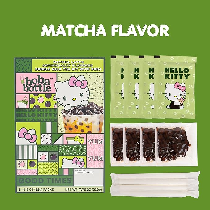 Hello Kitty Instant Boba Milk Tea Variety Kit, Brown Sugar, Taro, Match Flavor, with Taiwan Tapioca Pearls, Paper Straws Included (12 Servings)