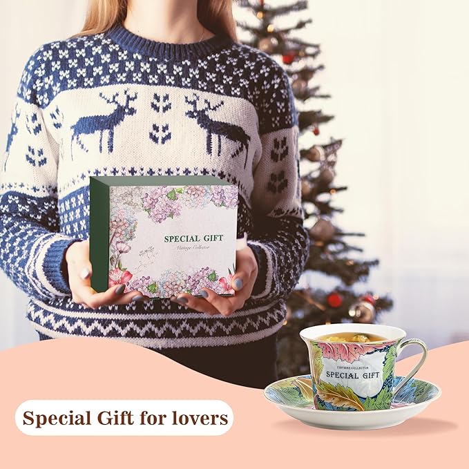 ACMLIFE Porcelain Tea Set for Adults, 15-Piece Green Bone China Tea Set for Women, Tea Cups and Saucers Set Service for 4, Gift (green, large set 13)