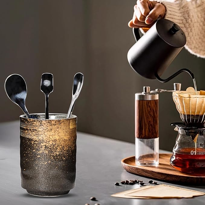 Ceramic Spoon Holder for Coffee Bar, Upright Tea Spoon Holder Cup, Coffee Stirrers Straws Stir Stick Holder, Red Strips