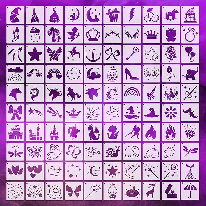 Fainne 100 Pcs Stencils for Painting on Wood Reusable Stencil Crafts Drawing Templates Holiday Wall Paper for DIY Scrapbook Home 2 x 2 Inch (Girls Theme)
