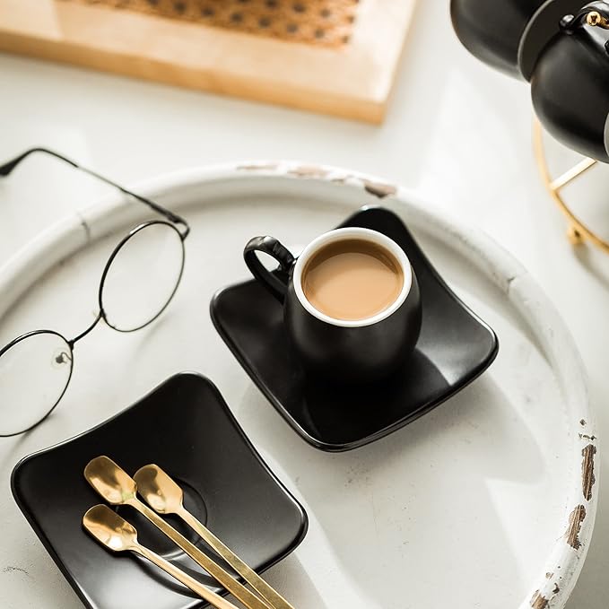 LYEOBOH Espresso Cups with Saucers Set, 3 Ounces Porcelain Coffee Cups with Metal Stand and Spoons, Cappuccino Cups Cute Demitasse Cups for Coffee Drinks, Latte, Tea Set of 6, Black