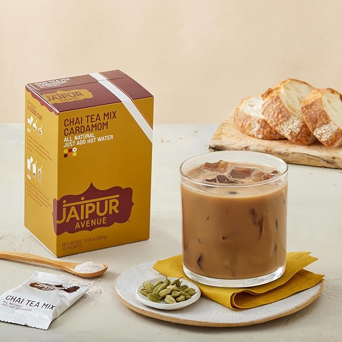 Jaipur Avenue Cardamom Chai Tea Mix Crafted with All-Natural Assam Black Tea, Cardamom, Cane Sugar, and Premium Dry Milk - Preservative-Free, Gluten-Free, Authentic Indian Chai Tea Latte (15 Servings)