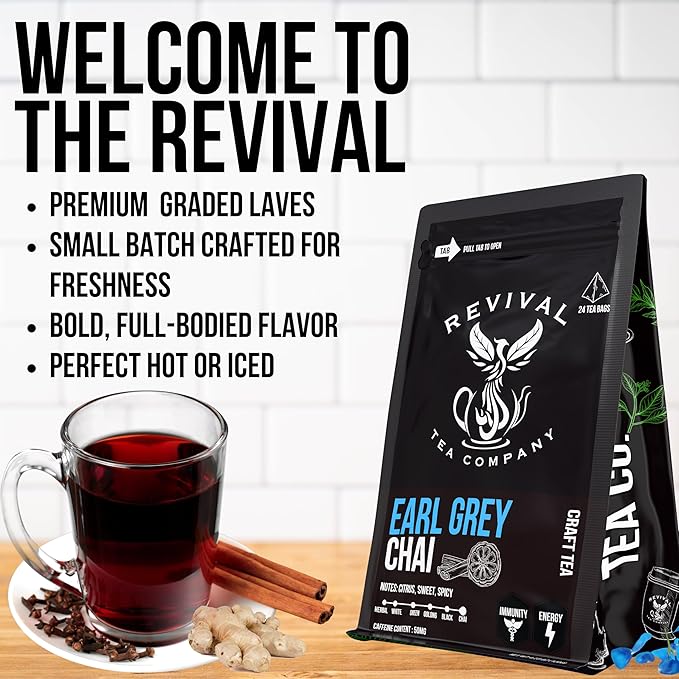 Revival Tea Company Earl Grey Chai Tea - Black Tea Blend with Fresh Spiced Chai and Bergamot Flavor - 24 Tea Bags