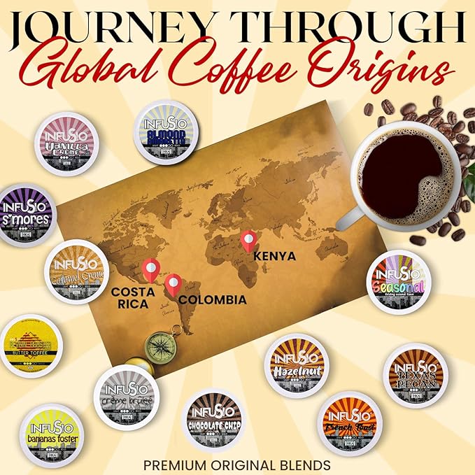 InfuSio Flavored Coffee Pods Variety Pack – 96 Count, 12 Gourmet Medium Roast Dessert-Inspired Blends like Bananas Foster & Crème Brûlée, Compatible with Keurig K-Cup 2.0 Brewers