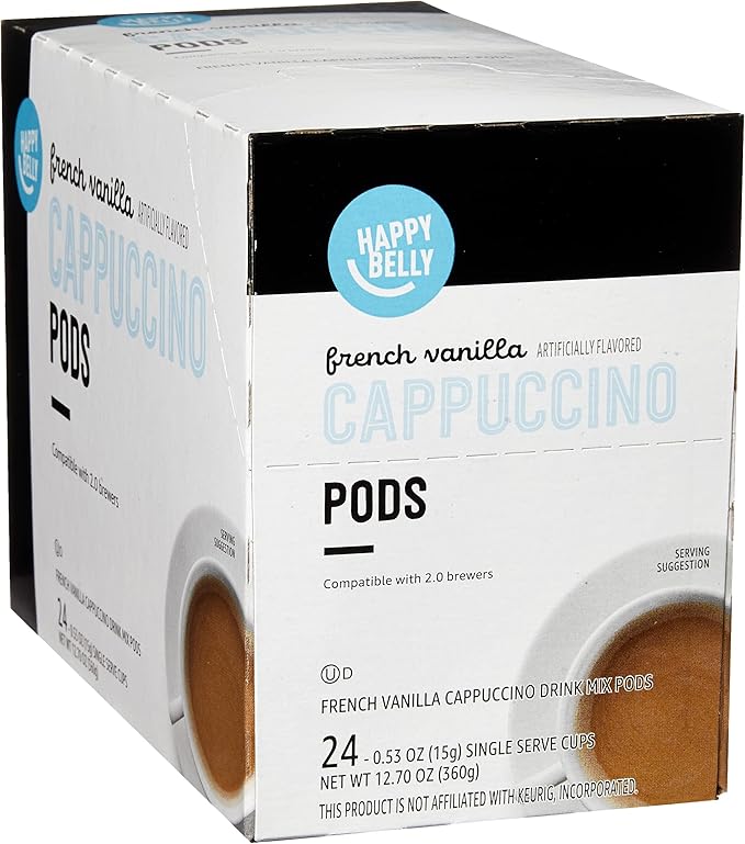 Amazon Brand - Happy Belly Cappuccino Coffee Pods Light Roast Compatible with 2.0 K-Cup Brewers, French Vanilla Flavored, 24 Count, 1.5 pound (Pack of 1)