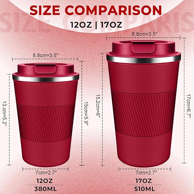 Insulated Coffee Tumbler 12 oz, Stainless Steel Coffee Mug with Lids, Travel Coffee Mug Leak Proof, Double Wall Vacuum Insulated Reusable Iced Coffee Cup, Keep Drinks Hot and Cold (Red, 17 Ounces)