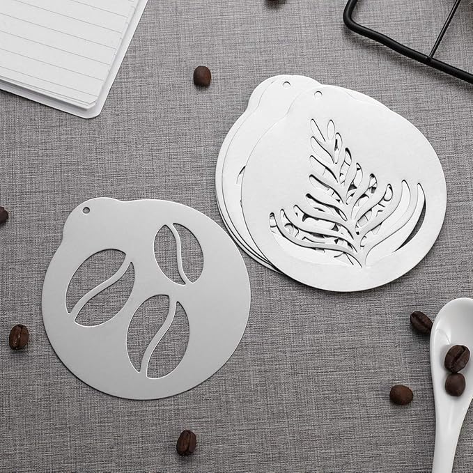 5Pcs Stainless Decorating Stencils, Metal Foam Latte Art Templates, Reusable Cappuccino Chocolate Templates Coffee Garland Mould Cake Decorating Tool