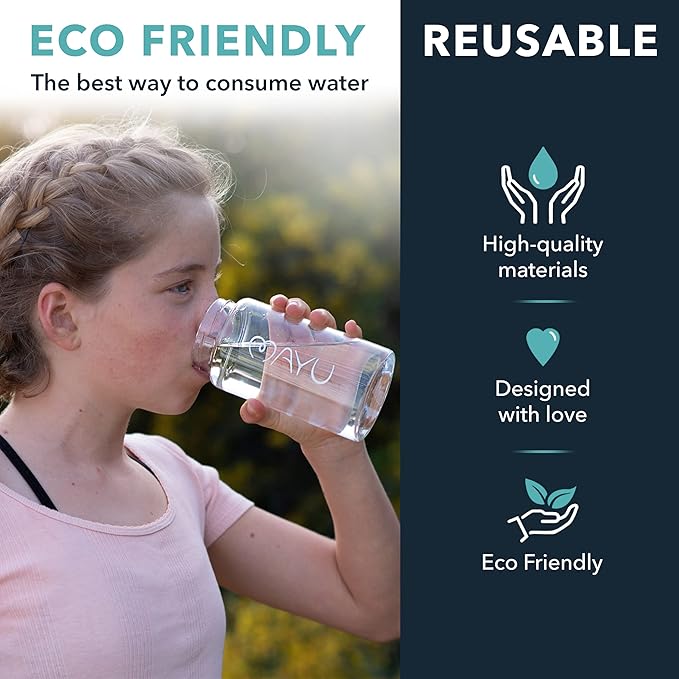 mayu Travel Water Bottle with Bamboo Lid - Borosilicate Glass Eco Friendly BPA Free | Adult and Kids Bottles with Cap - Leak Free Design - Non Toxic Reusable Hydration for Everyday Use | 0.5L, 17OZ