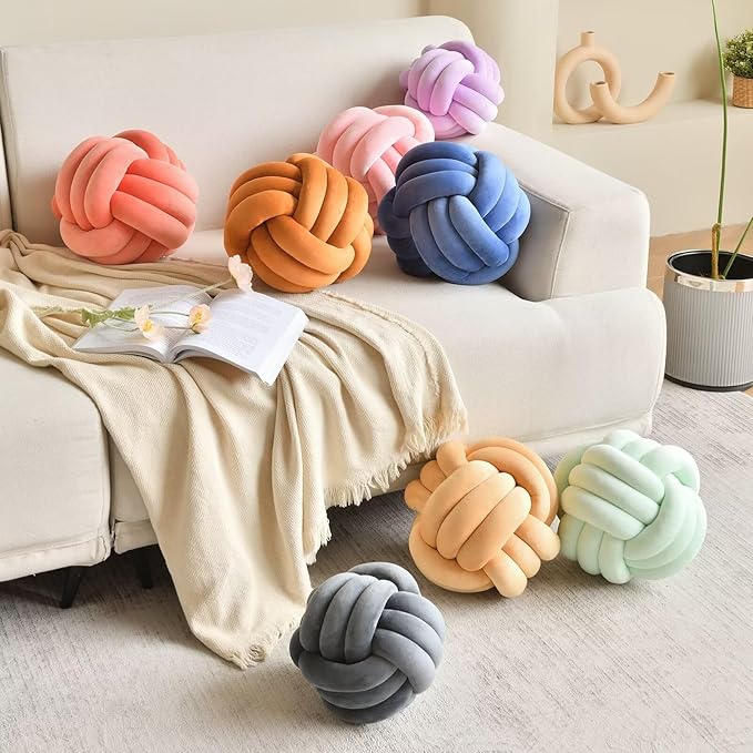 Decorative Throw Knot Pillow Ball for Home Chair Sofa Couch Bed Aesthetic Round Velvet Knotted Pillow Cushion (Pink, 11 inches)