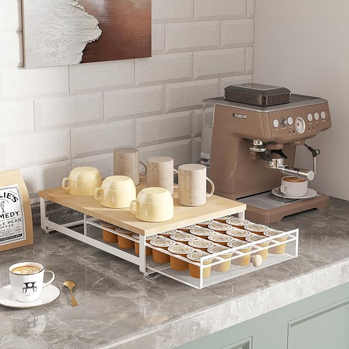K Cup Organizer, Coffee Pod Holder Drawer, Under Brewer Storage Organizer with Sliding Drawer holds up to 35 K Cup Pods, No Assembly Needed, Natural colour