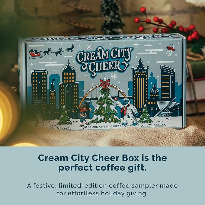 Stone Creek Coffee Cream City Cheer Box (Dark, Medium and Light Roast, 8 Oz) – Whole Bean Coffee Sampler, Holiday Limited-Edition Gift Set, Bright, Smooth and Bold Fresh Roasted Coffee Beans