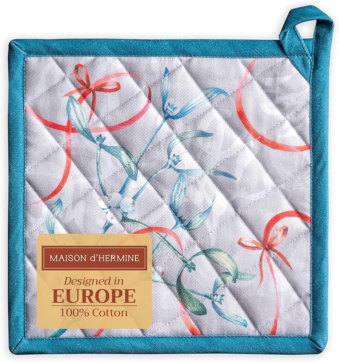 Maison d' Hermine Pot Holders Set 100% Cotton Heat Resistant Potholders 8" x 8" Hot Pads with Loop BBQ, Cooking, Baking, Grilling, Kitchen, Handling Hot Pans (Pack of 1, Enora)