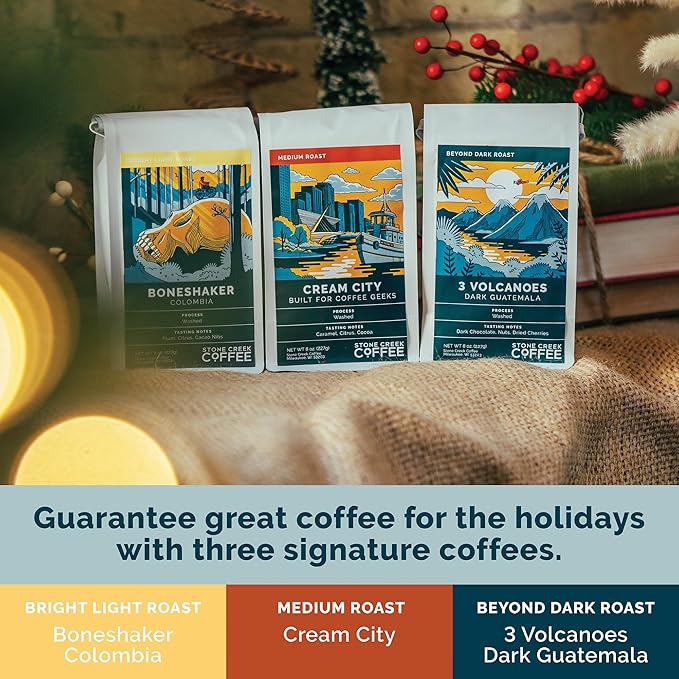 Stone Creek Coffee Cream City Cheer Box (Dark, Medium and Light Roast, 8 Oz) – Whole Bean Coffee Sampler, Holiday Limited-Edition Gift Set, Bright, Smooth and Bold Fresh Roasted Coffee Beans