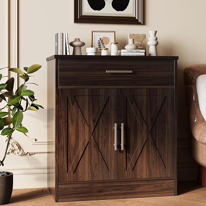 Vongrasig Sideboard Buffet Cabinet with Storage, Modern Kitchen Storage Cabinet with 1 Drawer and 2 Doors, Wood Coffee Bar Buffet Table for Kitchen, Dining Room, Rustic Brown