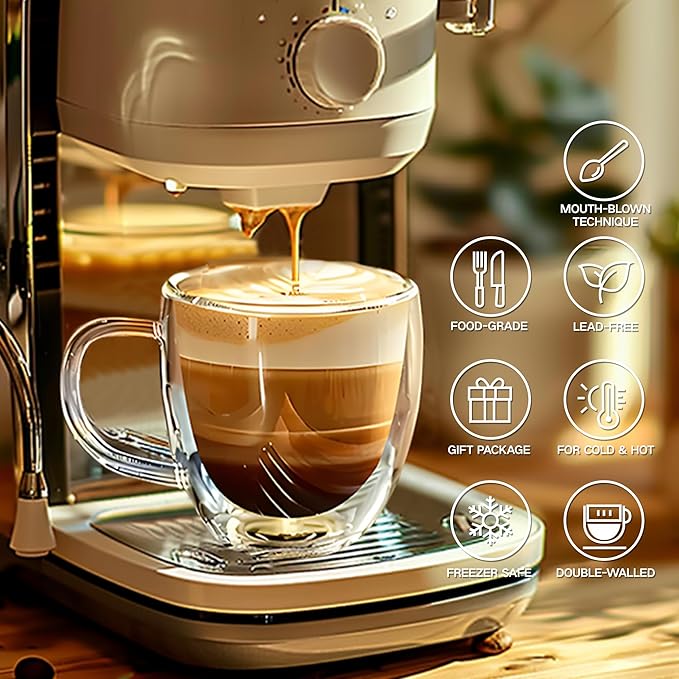 Set of 4 Double Walled Glass Coffee Mugs 6 Ounces Insulated Layer Coffee Cups with Handle Borosilicate Glass Espresso Cup for Hot Beverage,Cappuccino,Tea,Latte,Wine,Microwave Safe